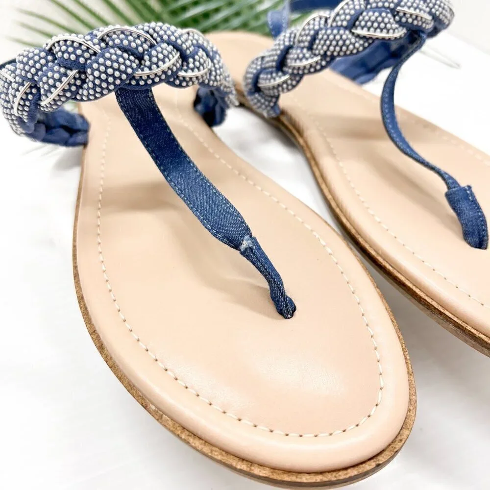 Draper James Blue Julianna Braided Embellished T-Strap Flat Sandals Size 10